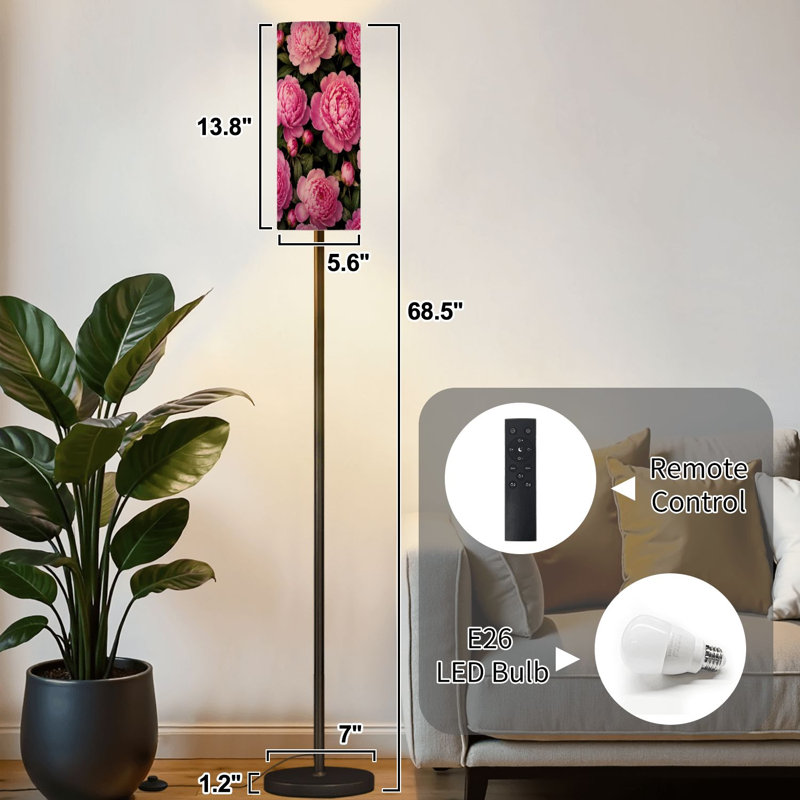 Lampe sur pied avec pivoines roses transparentes à intensité variable avec télécommande et interrupteur au pied avec abat-jour