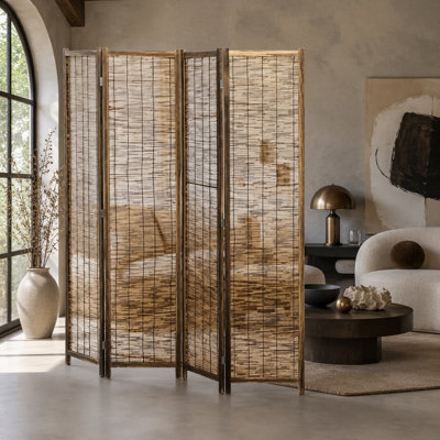Paravent moderne, paravent compact avec 4 panneaux de roseaux tissés pour un look naturel et une intimité instantanée