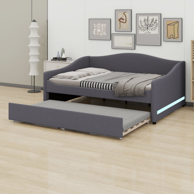 Upholstered Daybed With Light And Trundle, Gray