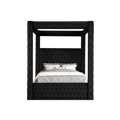 Grand lit à baldaquin noir avec revêtement en velours, bouton, style contemporain, tête de lit et lit à affiche riche en cristal, pour chambre à coucher