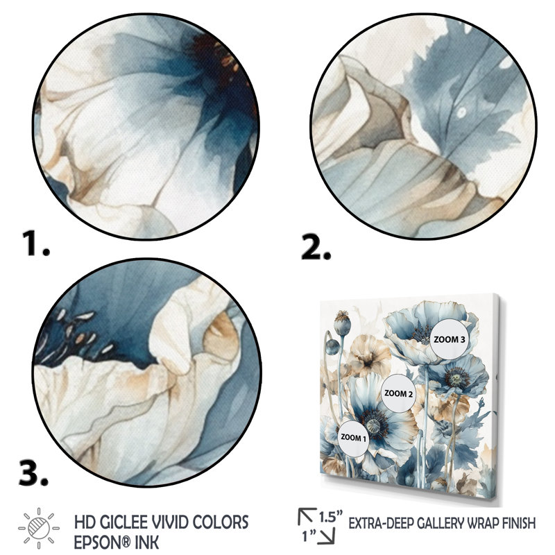 «Vibrant Blue White Peony Flower II», reproduction sur toile encadrée, H 16 po x l 16 po x P 1 po, Encadrement doré