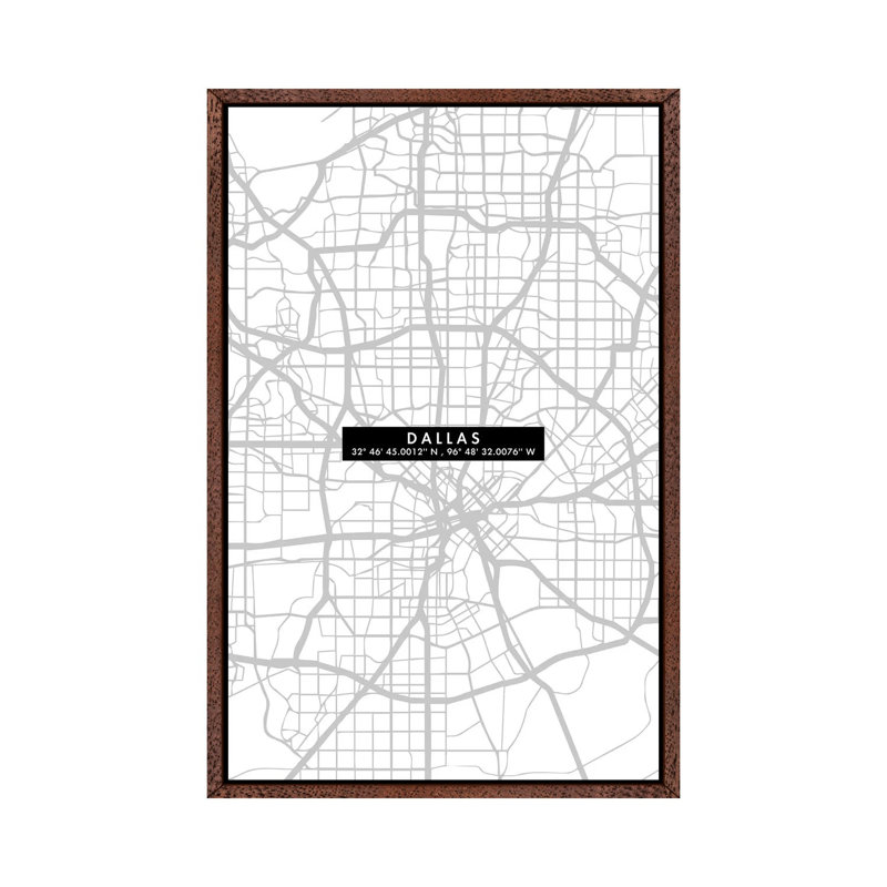 Dallas City Map Minimal - Print on Canvas, 152.4cm H x 101.6cm W x 3.81cm D, Classic Brown Wood Framed