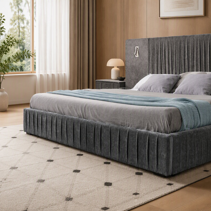 Cadre de lit king size capitonné en tissu chenille, design plissé, table de chevet intégrée et structure robuste - Sommier non requis, gris foncé