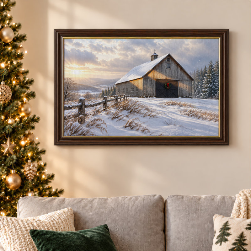 Art mural sur toile rustique avec grange rouge dans un champ d'hiver enneigé, H 16 po x l 24 po