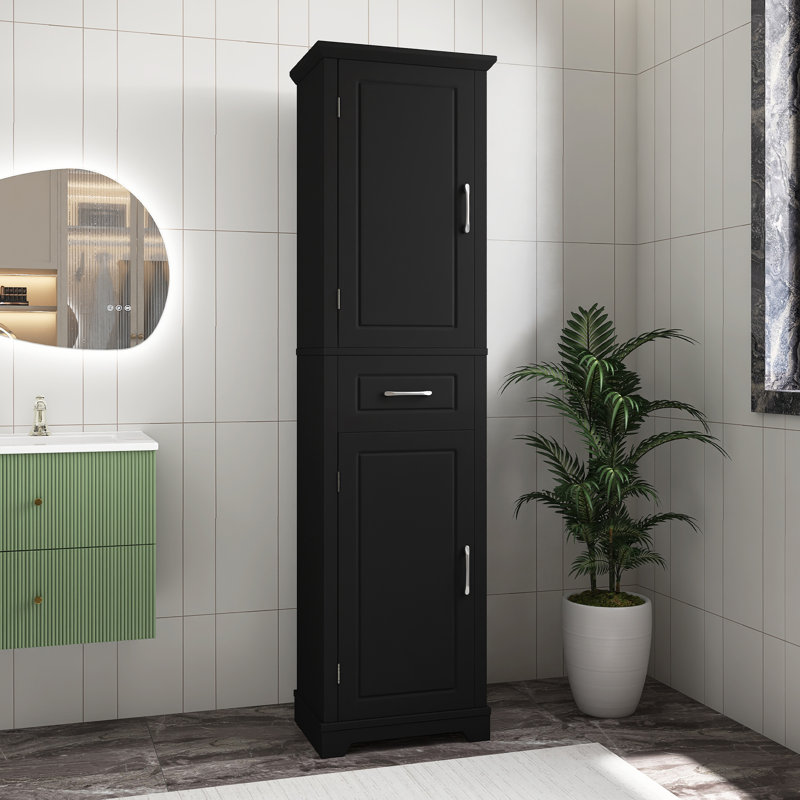 Grande armoire de rangement noire pour salle de bain, armoire de rangement autoportante avec deux portes et tablettes réglables, conception à étagère de porte, panneau de fibres à densité moyenne