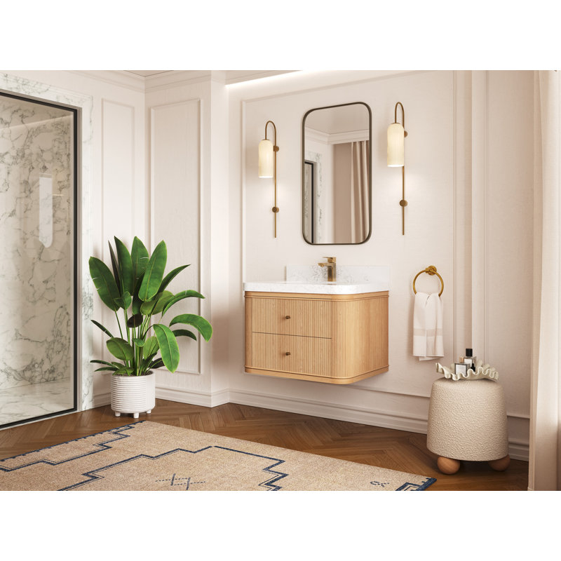 Hampton Floating Oak 30 In. W X 22 In. D Single Sink Bathroom Vanity In Dark Natural With 2 In., 2 IN Berkshire Brass
