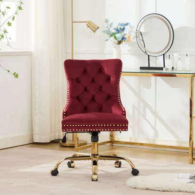 Chaise de bureau A&A Furniture, chaise de bureau moderne rembourrée en velours capitonnée avec base en métal doré, chaise de bureau pivotante réglable (rouge vin), SW1923WR