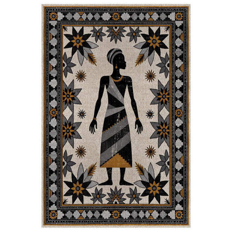 Annie Collection Digital Print Cotton-Polyester Gray Human Figured Floral Rug, Square 4'