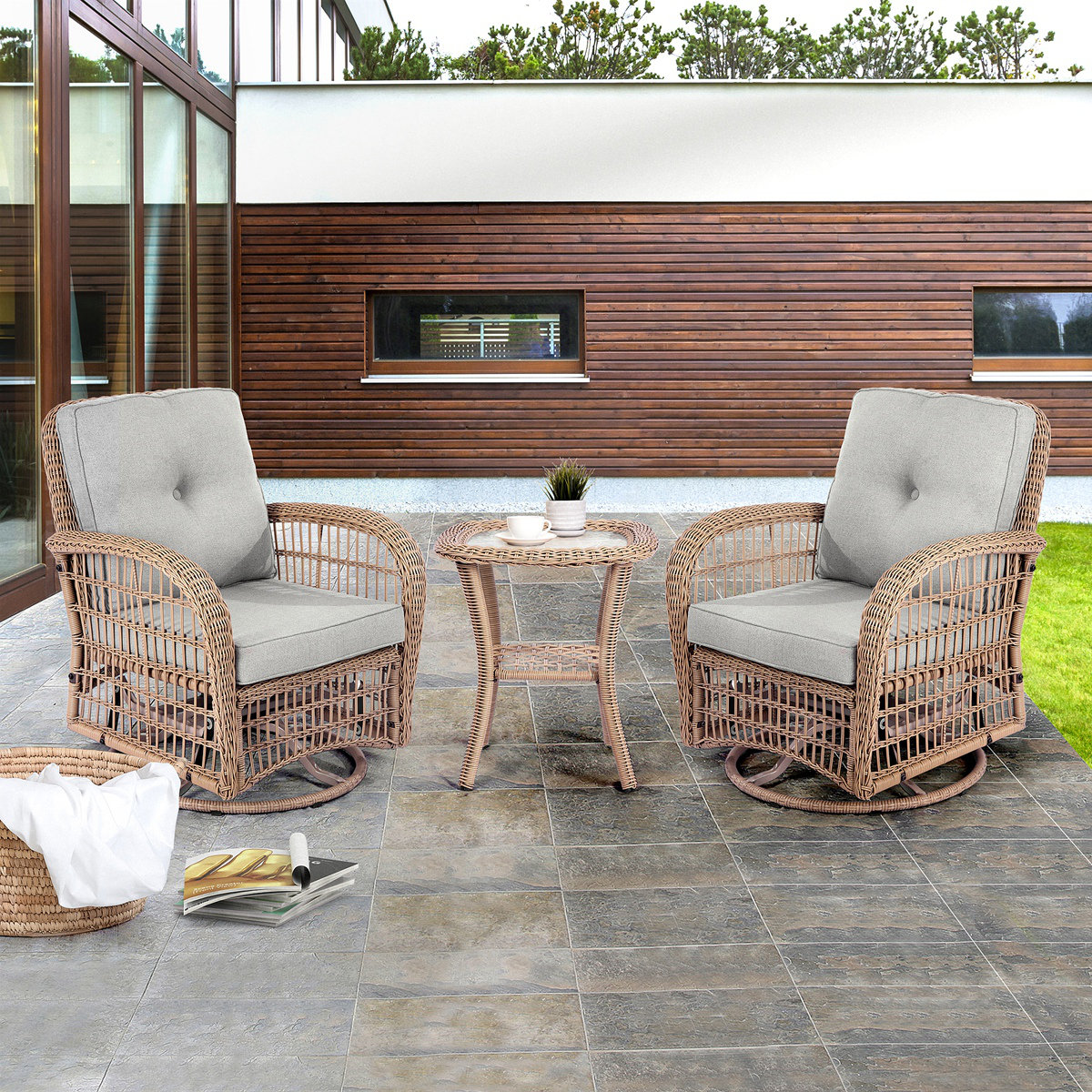 Lark Manor™ 3 Pieces Outdoor Wicker Swive Rocking Chair Set 2 Rattan ...