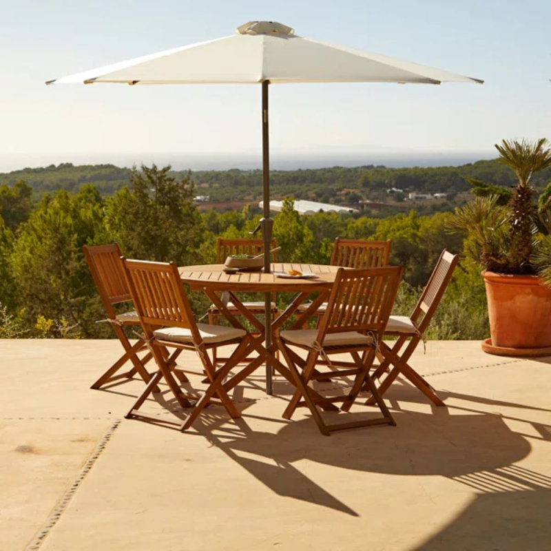 Nayoun 6 - Person Acacia Wood Patio Dining Set with Round Table, Cream Umbrella