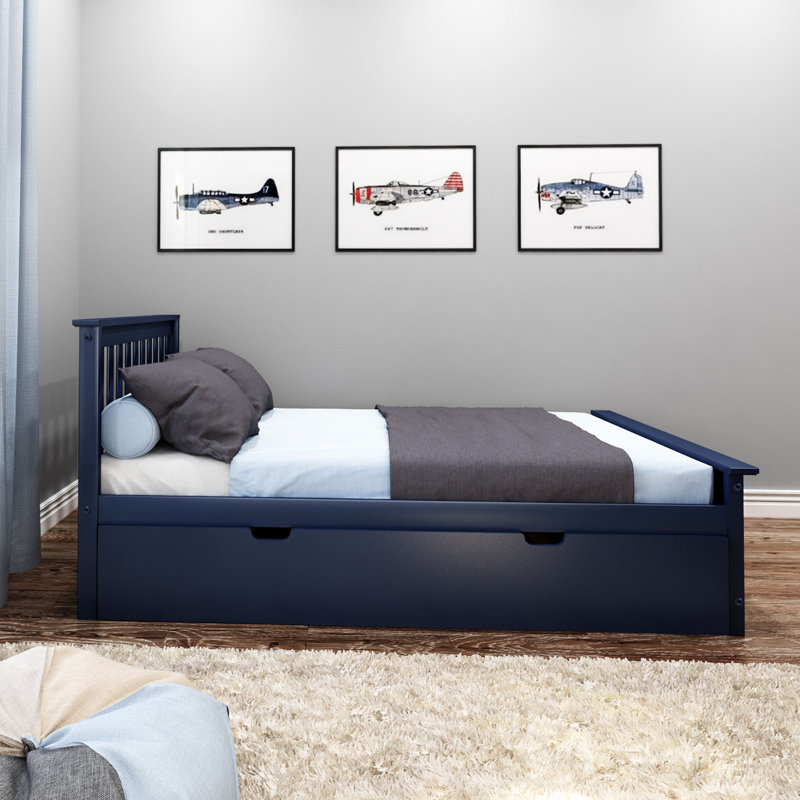 Lit plateforme double en bois massif avec lit gigogne Boling, Lit double, Bleu