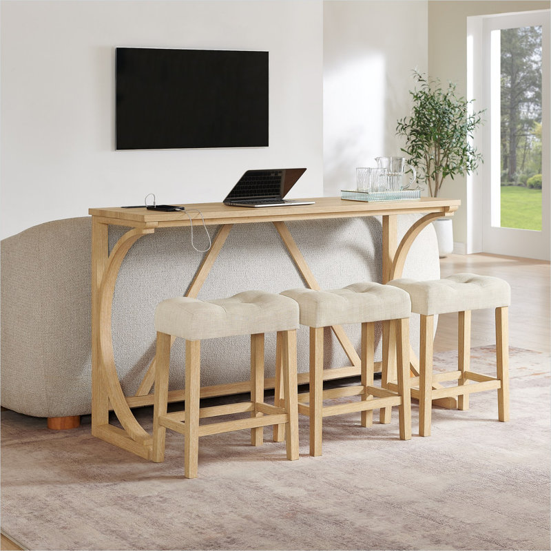 59-Inch Bar Table and 3 Upholstered Stools Set with Built-In Power Outlets, Solid Wood and MDF, Rectangular