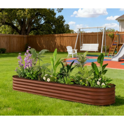 Dark Brown Raised Garden Bed Galvanized Planter Box Self-Draining Modular with Safety Edging 24.5"Dx94.5"Wx11.8"H