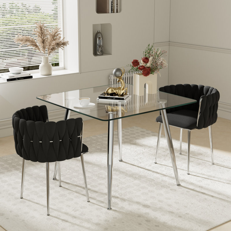 Ensemble de salle à manger à piédestal carré avec chaise tissée, Noir, noir, noir, noir