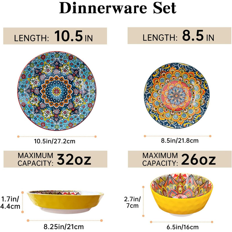 Service de vaisselle 16 pièces, assiettes et bols Boho Style, Bleu/vert/rouge