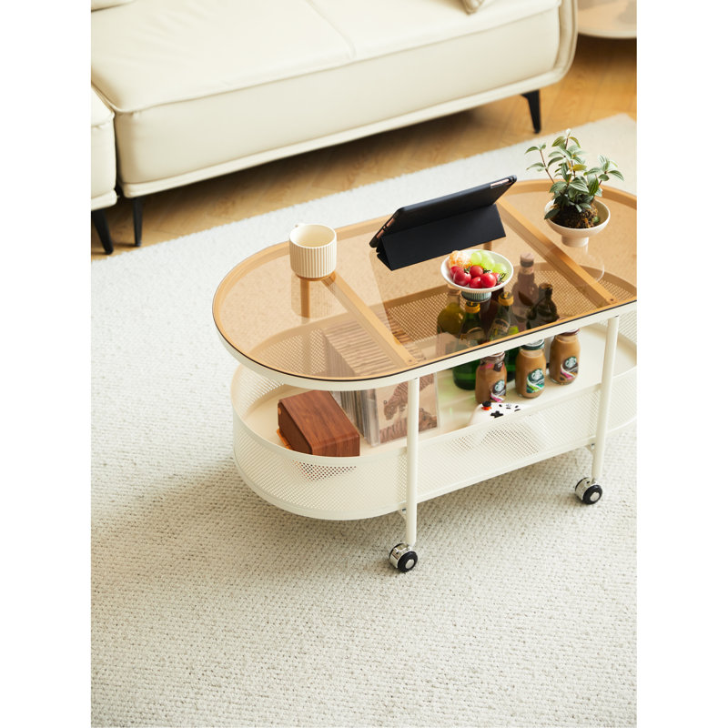 Table basse ovale avec structure en métal et plateau de rangement en verre - Blanc