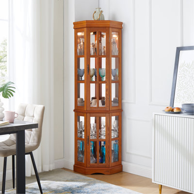 Armoire d'angle avec 5 tablettes et système d'éclairage, chêne (ampoule E26 non incluse)