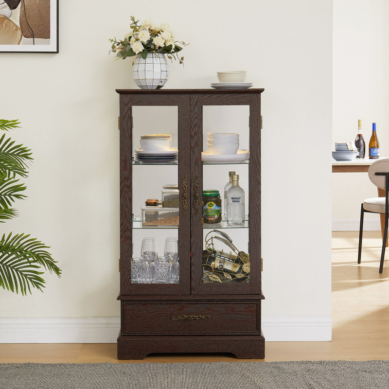 Elegant Lighted Glass Curio Display Cabinet With Adjustable Shelves, 2 Doors, 1 Drawer And Bulb, Cherry, Espresso, Yes