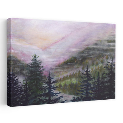 Misty Mountain Dawn Peaceful Serene Tranquil Evergreen Tree Pine Tree Forest Landscape Wall Art Print 1 Piece Wrapped Canvas Wall Art
