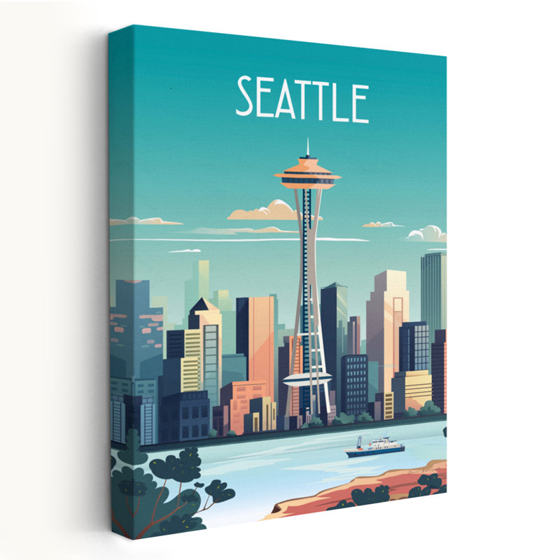 City Sights Seattle - Architecture, bateaux bleus, art brun, H 48 po x l 32 po