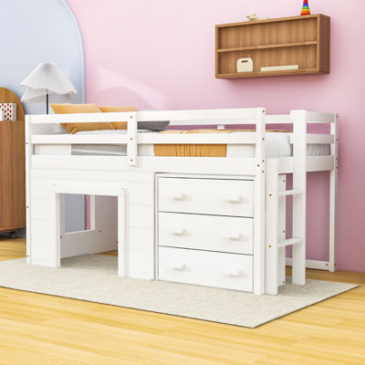 Twin Wooden Low Loft Bed With Built-In Storage Drawers And Shelf