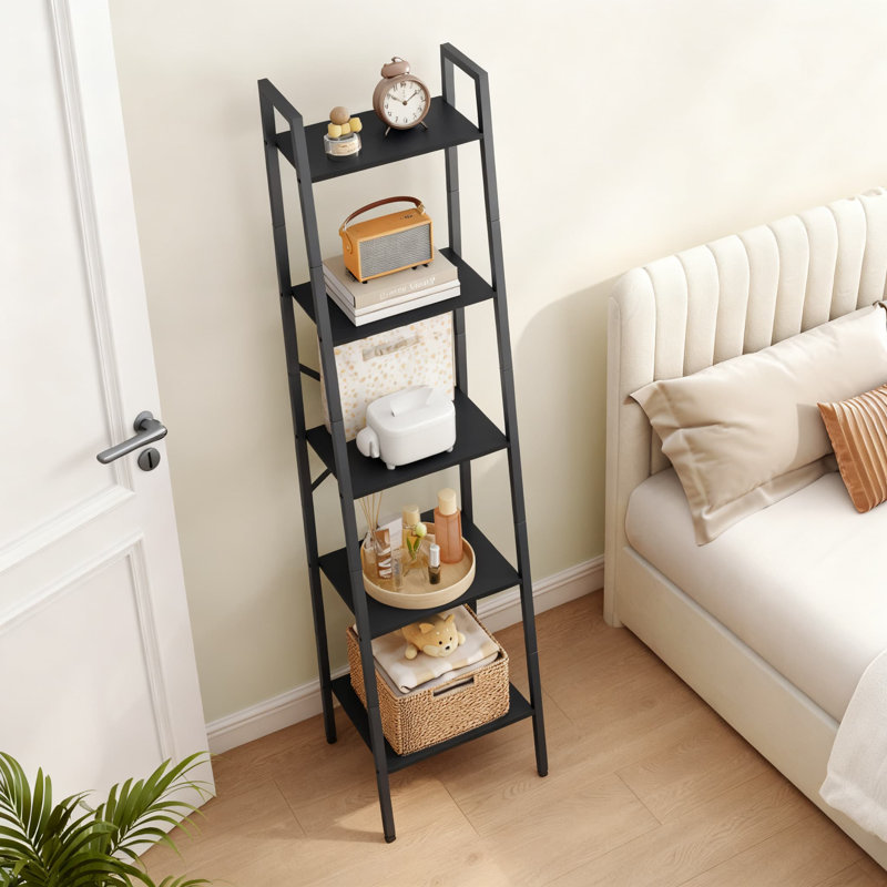 5-Tier Industrial Ladder Bookshelf With Metal Frame, Narrow Tall Standing Storage Shelf For Living Room, Home Office, Kitchen And Bedroom Organization