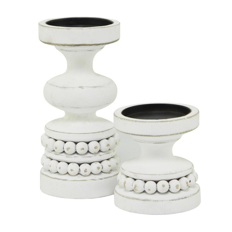 Porte-bougie traditionnel en bois perlé, Blanc