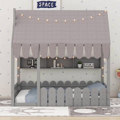 Lit maison pour enfants avec rampes de clôture, tente, lumières à 3 modes et tablettes de rangement - lit de plancher