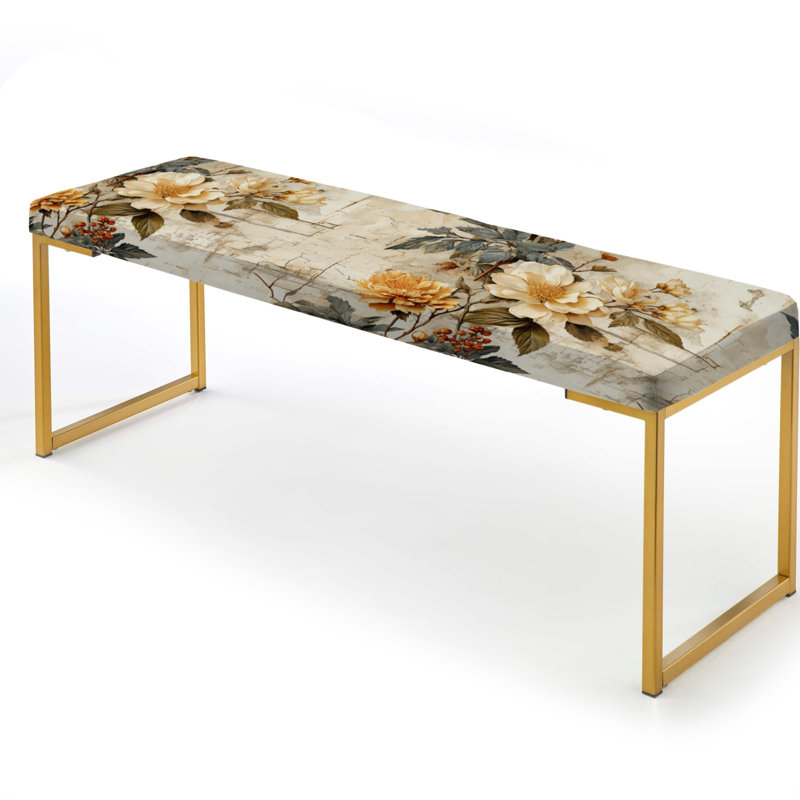 Vintage Beige Floral Country Home Charm - Floral Upholstered Gold Bench