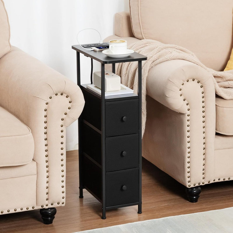Ensemble de 2 tables de bout étroites avec tiroirs en tissu et chargement, Slim