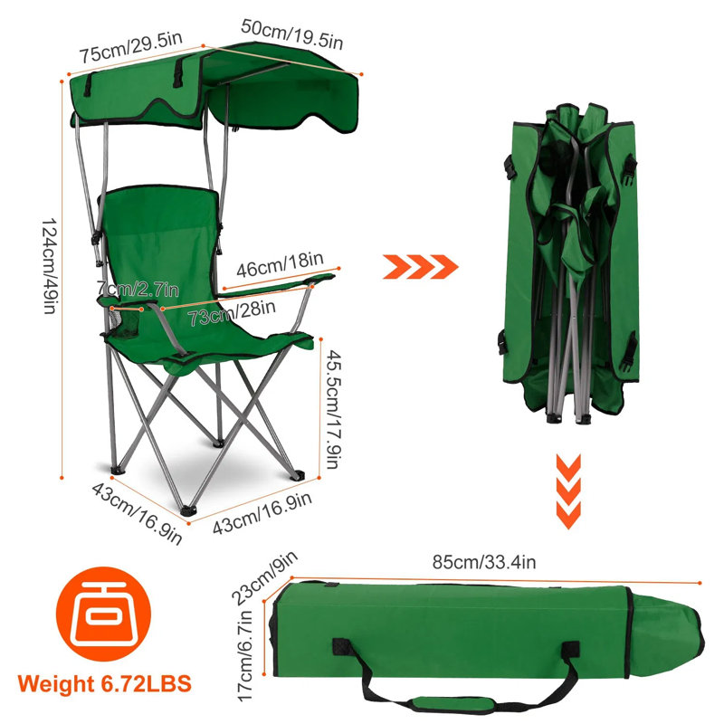 Foldable Beach Canopy Chair With Sun Protection, Heavy Duty 600d Oxford Camping Chair Holds 330lbs, Padded Armrest Cup Holder For Outdoor Lawn Pool