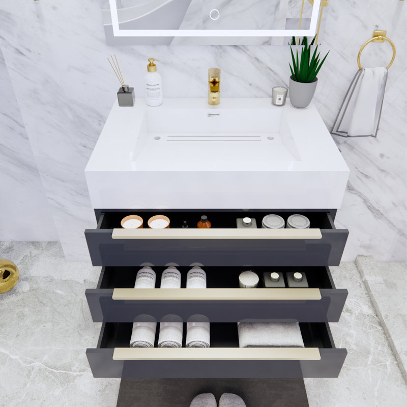 Ensemble de meuble-lavabo mural simple 29,5 po Glasgow, Gris foncé à haute brillance, Blanc