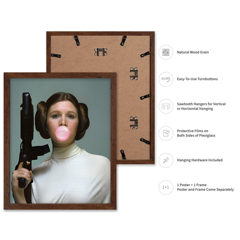 Princesse Leia, gomme à bulles rose, 18"H x 24"W, Poster, Brown Framed