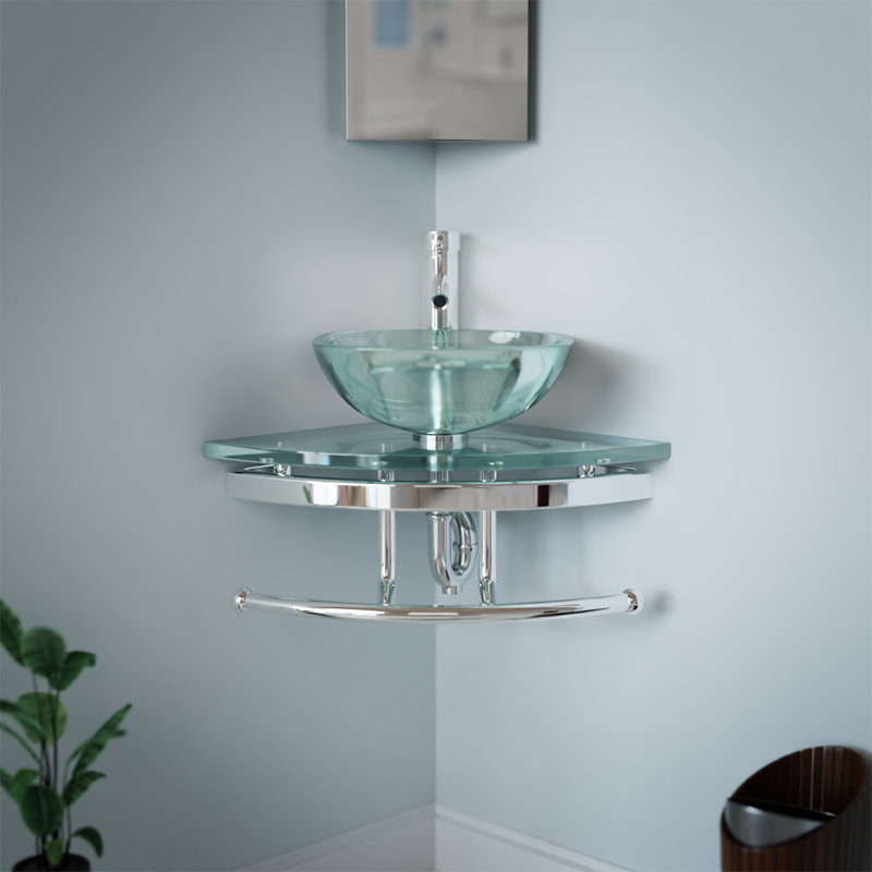 Talula Clear Tempered Glass Corner Bathroom Sink with Chrome Faucet
