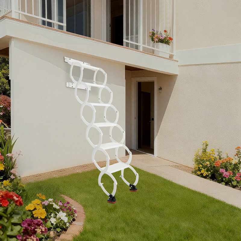 6 Steps Wall Mounted Retractable Folding Ladder, White