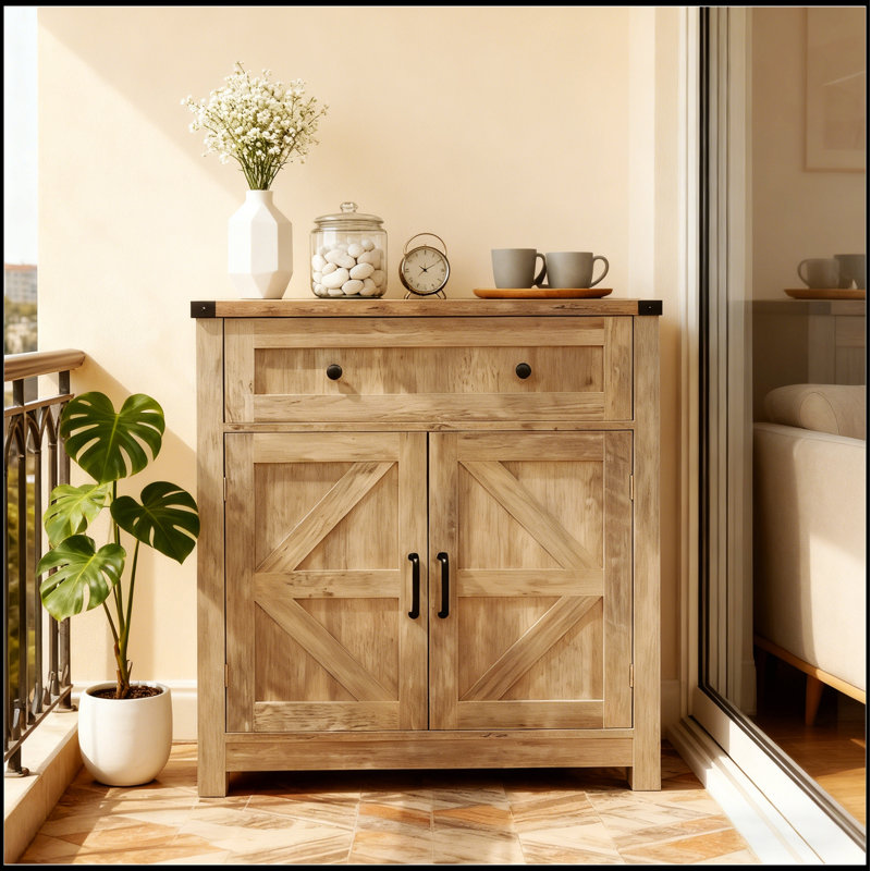 Wood Farmhouse Barn-Door Storage Cabinet, Coffee Bar Buffet Sideboard With Drawer For Kitchen & Living Room, Light Gray
