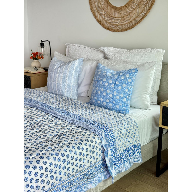 Hand Block Print Cotton Quilt and Bed Spread, Blue&White, Twin