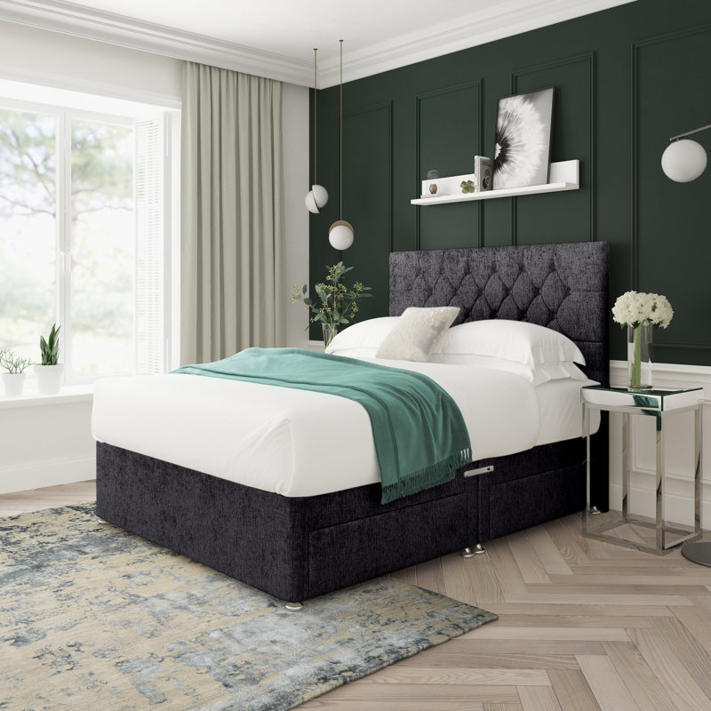 Upholstered Divan Bed with Mattress, Black, Double (4'6)
