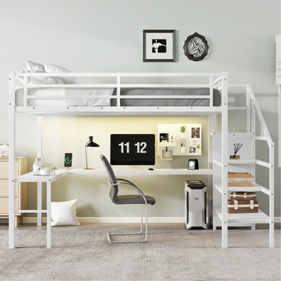 Lit mezzanine avec bureau en L et port USB, lit mezzanine en métal avec garde-robe et tablette réglable, lit mezzanine haut avec DEL