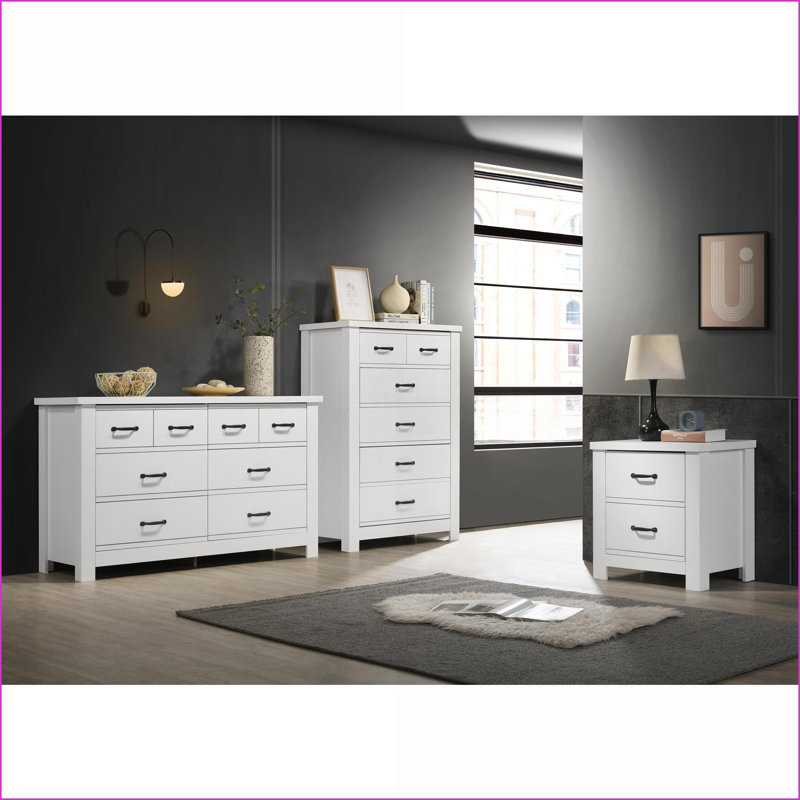 Ensembles de chambre à coucher | Ensemble minimaliste moderne 3 pièces avec commode, commode et table de chevet Cassini | Blanc | Bois d'ingénierie