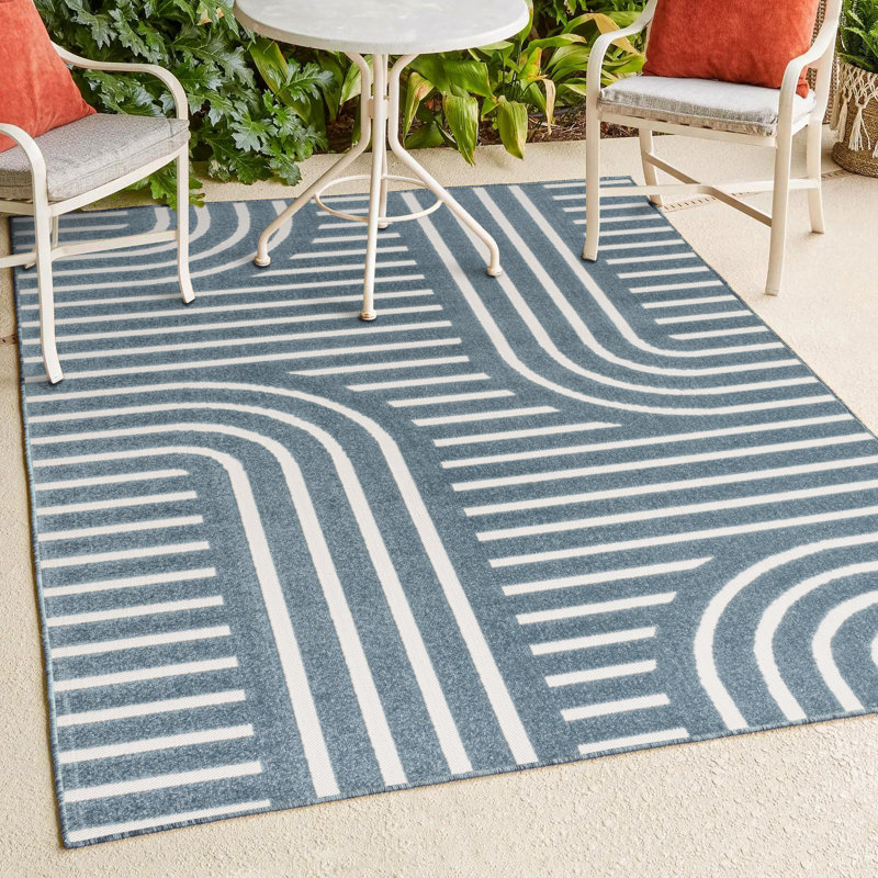 Aleighana High-Low MidCentury Modern Arch Stripe Two-Tone Navy/Cream Indoor/Outdoor Rug, Rectangle 7'10" x 10'