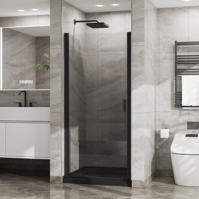 34"X72" Tempered Glass Pivot Door, Black Semi- Style, Waterproof Function, Handle, 180 Oscillating Pivot, 90 Door Barrier Upgrade Shower Enclosure, 1/4" Glass, Black, Semi-, Sealing Strips, System,