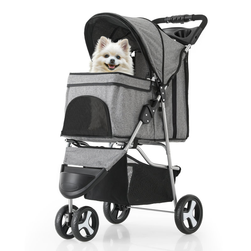 Foldable Pet Stroller, 3 Wheels Folding Carrier Jogger Stroller for Dogs Cats with Canopy and Basket, Gray/Solid