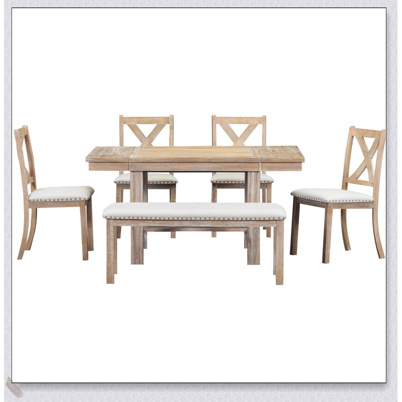 Ensemble de salle à manger extensible Farmhouse avec 6 pièces, comprenant une table, des chaises, un banc et des rallonges amovibles