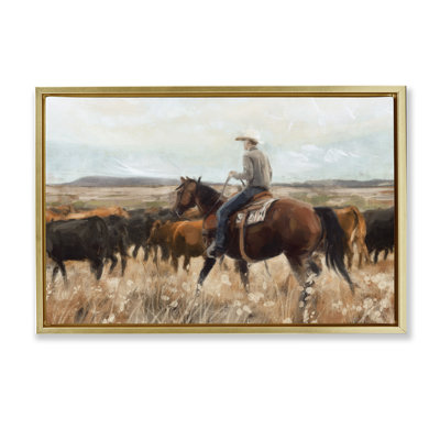 Cowboy Rounding Cattle Framed Floater Canvas by Nina Blue