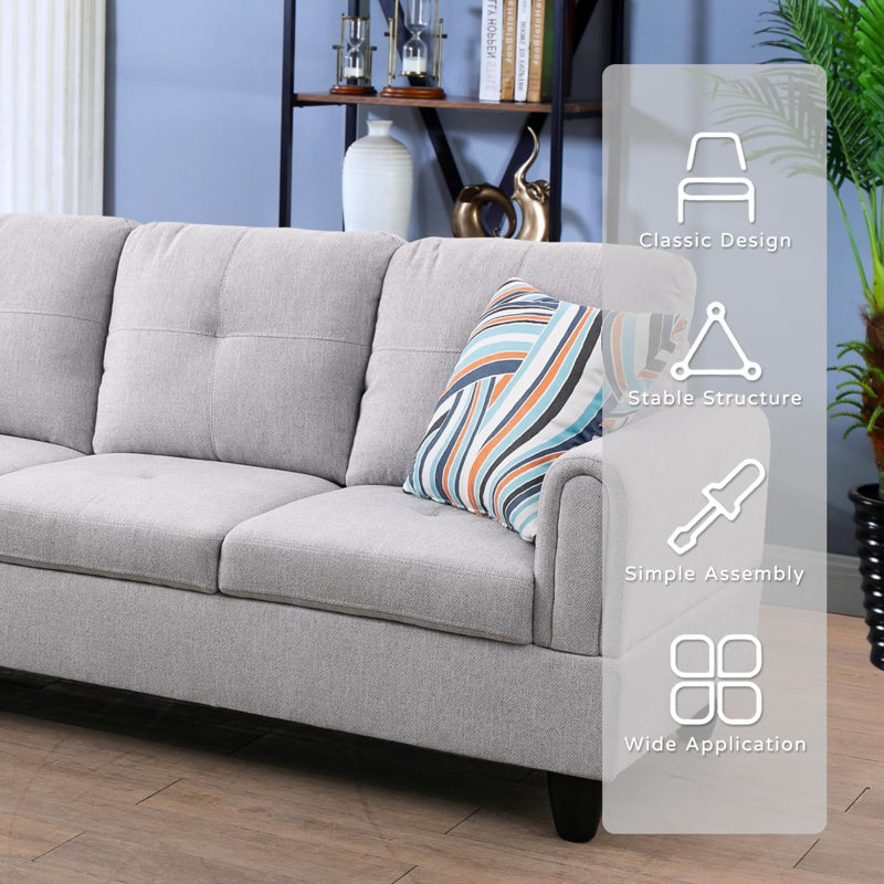 3-Piece Flannel Sectional Sofa, Gray, Left Hand Facing