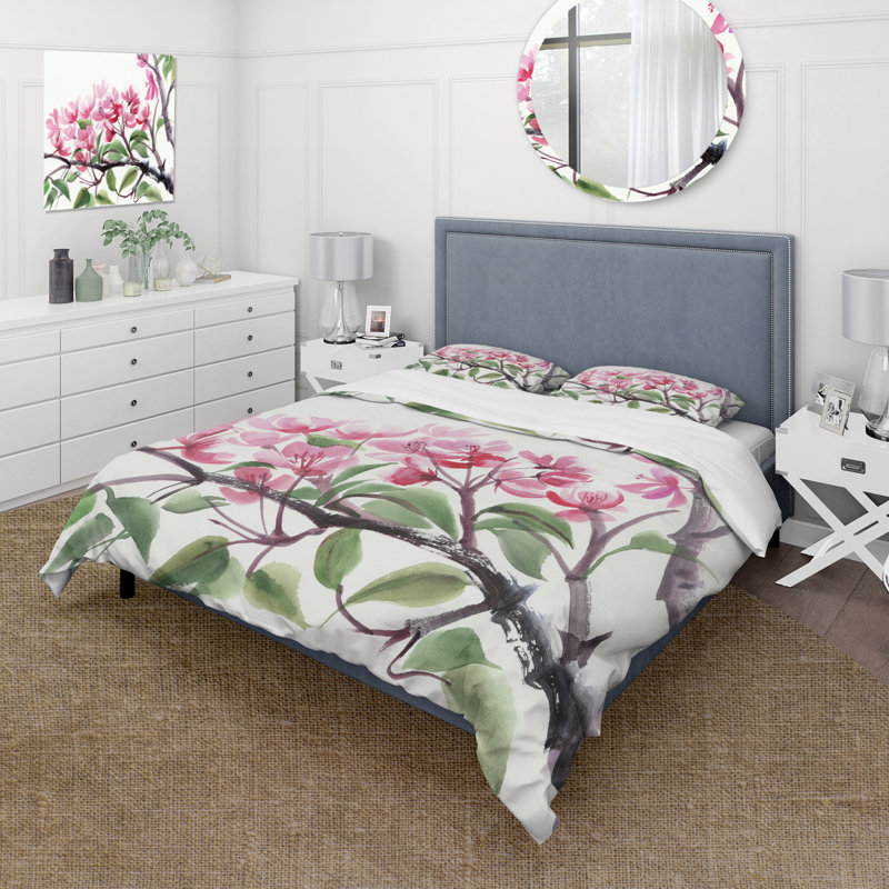 Arbre rose en fleurs - ensemble de housse de couette traditionnel - microfibre de polyester