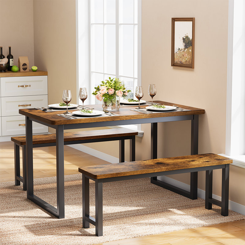 Dining Room Table Set with 2 Benches, Farmhouse Dining Table Set For 4, Wood Breakfast Table Set