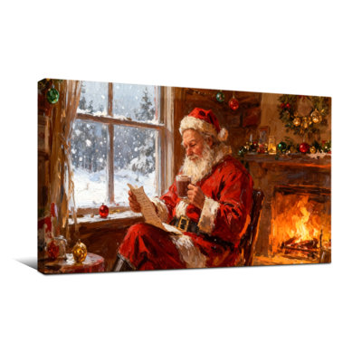 Christmas Santa Reading By Fireplace Window