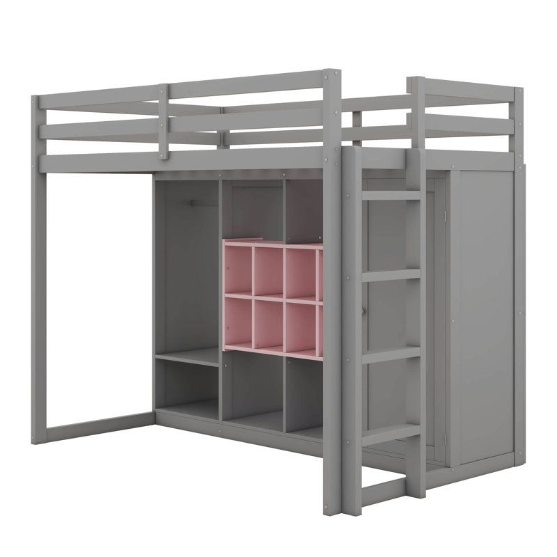 Lit mezzanine simple en bois avec garde-robe, tablettes et armoire, cadre de lit multi-rangement peu encombrant, Simple